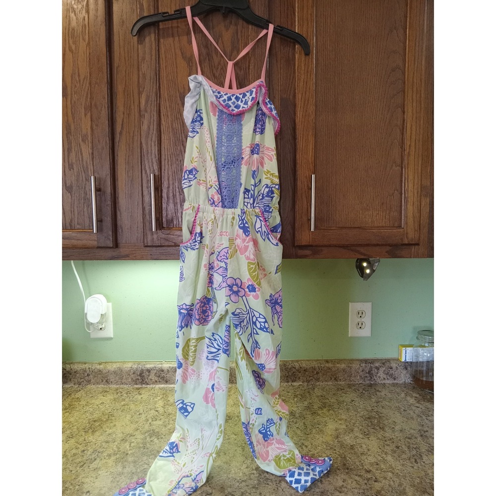 Matilda Jane Girls Floral Ruffle Jumpsuit Pink Blue Mint Size 8 One Piece